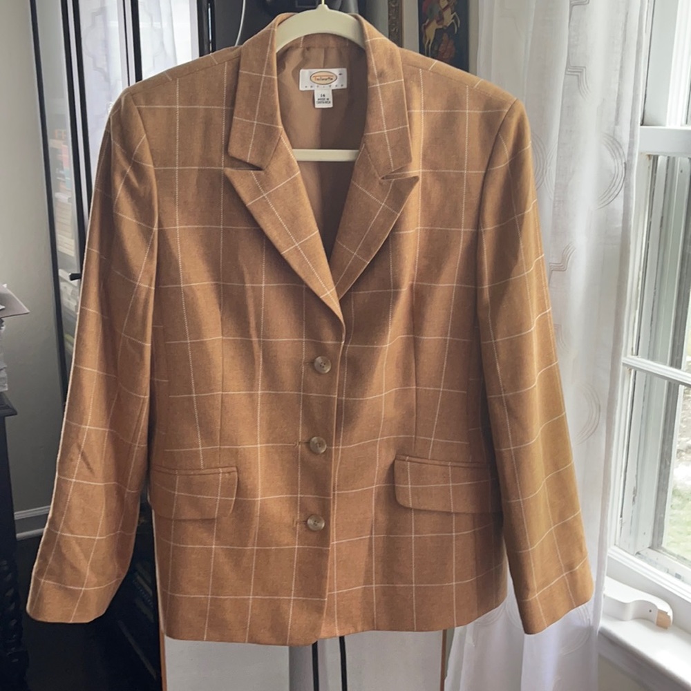 Talbots gold tan brown plaid silk wool jacket 14P